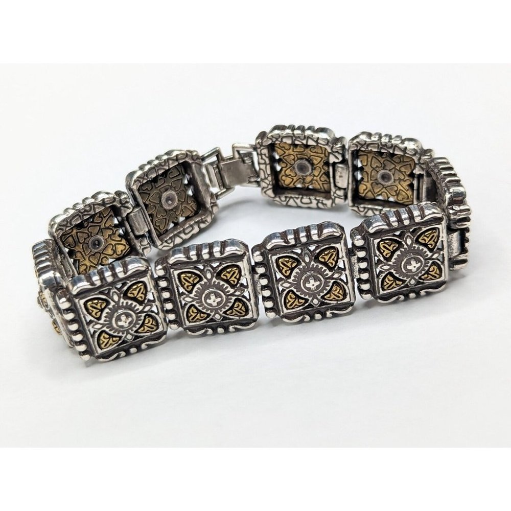 Brighton Detailed Two Tone Silver Gold Square Bracelet